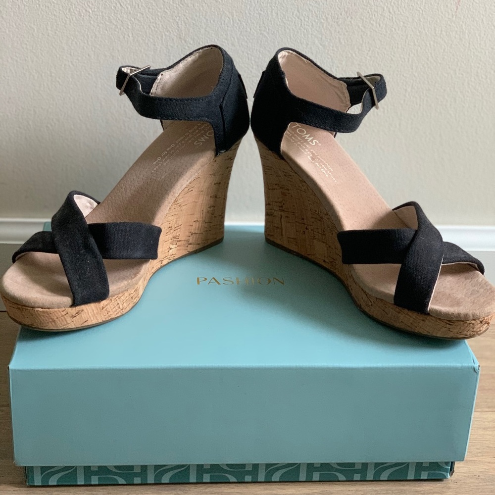 Toms Black and Cork Wedge Sandals
